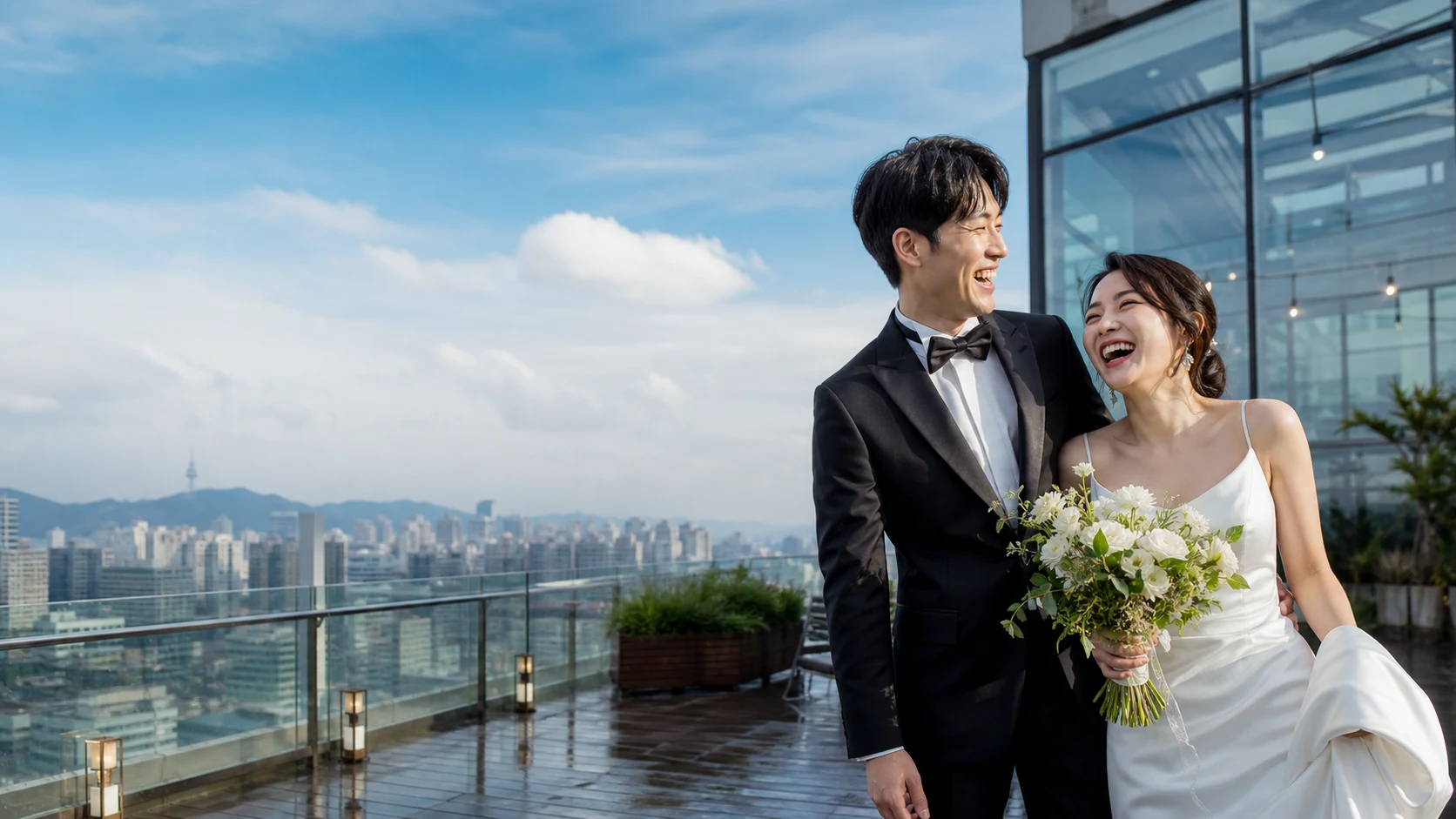 푸른 시간 속 서로를 바라보는 커플
